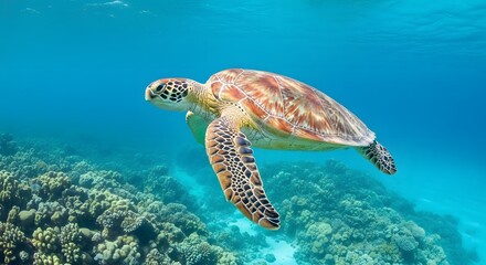 Fototapeta premium Sea Turtle Swimming Underwater Over Coral Reef Ecosystem