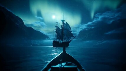 A boat sails towards a distant sailing ship under a night sky illuminated by the aurora borealis - Powered by Adobe