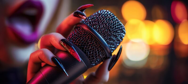 The microphone held passionately by a glamorous singer in vibrant lights.