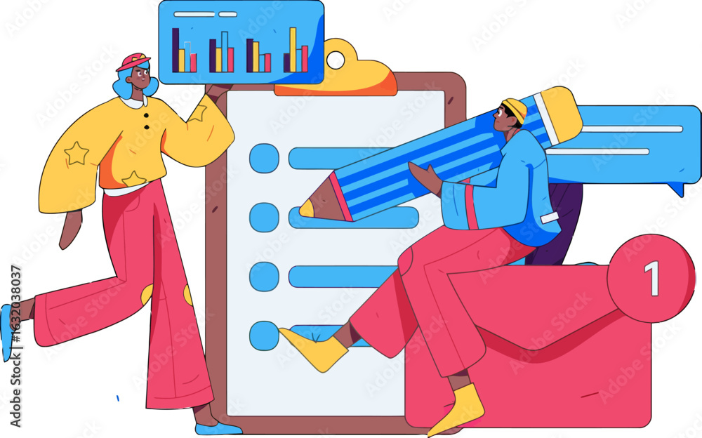 Aufkleber dynamic team collaborating on project tasks and data analysis with colorful charts and task lists, s
