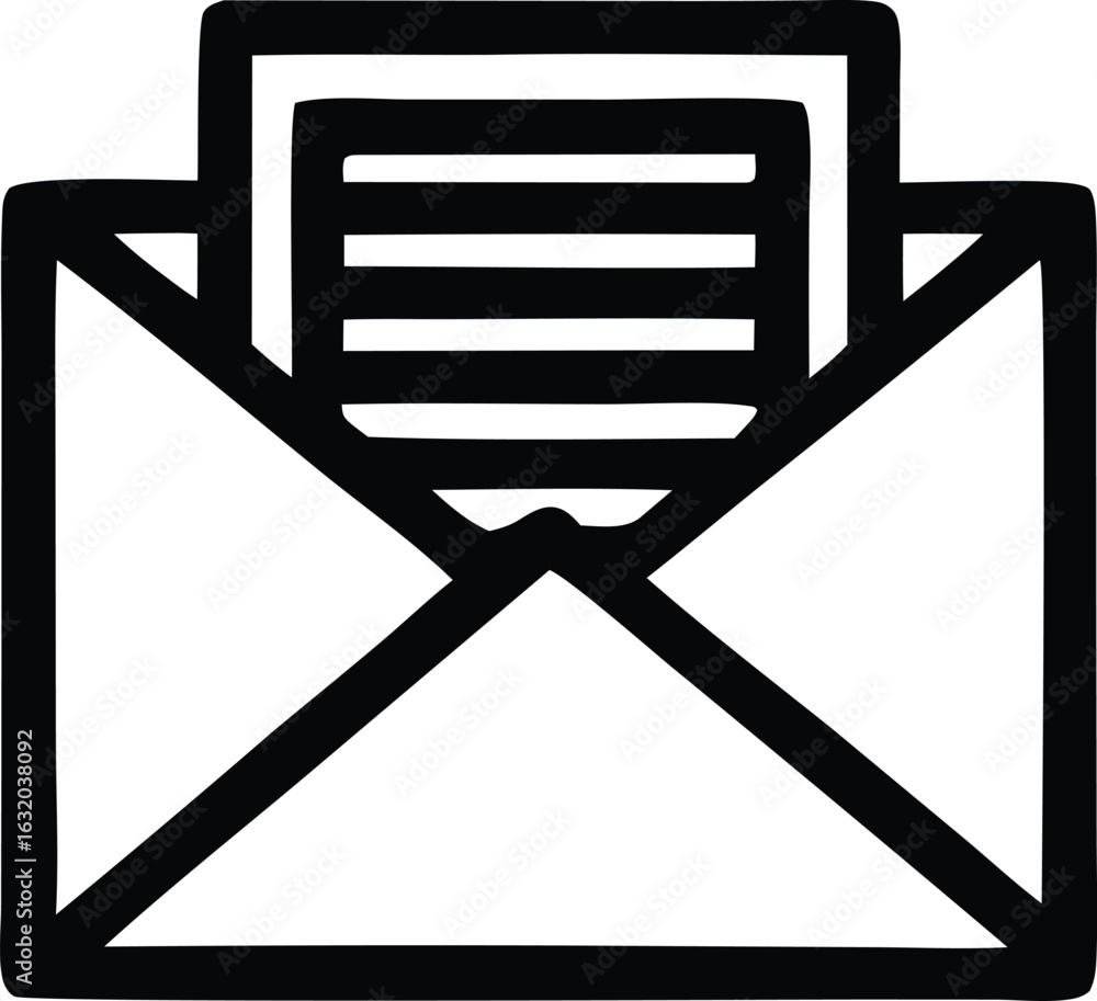 Poster simple black and white outline icon of an open envelope with a document inside