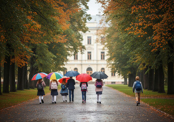 Grupa dzieci idzie do szkoły przez jesienny park, jedno z dzieci nie jest akceptowane przez grupŕ i ifzie w pewnej odległości