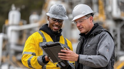 Two men in safety gear are looking at a tablet