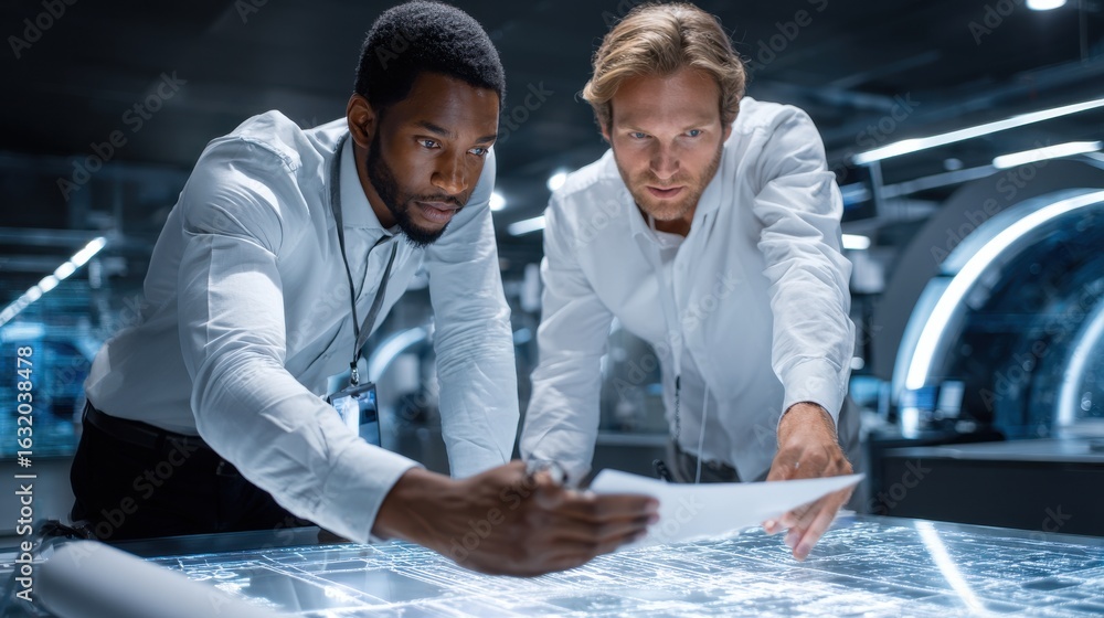 Aufkleber two men are looking at a computer screen with a drawing of a building