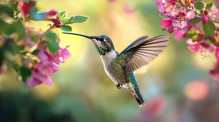 Naklejka premium A hummingbird in flight with its wings spread, hovering near a pink flower with green leaves in a blurred background.