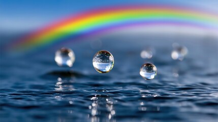 Vibrant rainbow over water with floating droplets reflecting light