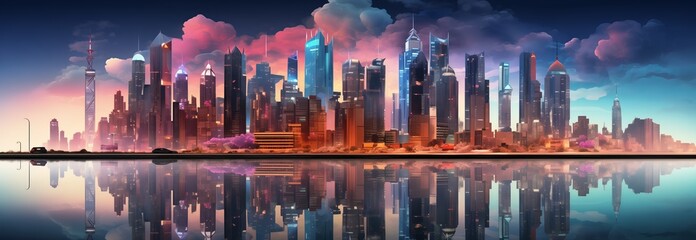 Vibrant city skyline at sunset reflecting on serene waters, showcasing modern architecture and colorful lights.