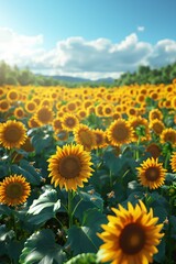 Vibrant field of sunflowers basking in sunlight, showcasing nature's beauty and bright colors against a clear sky.
