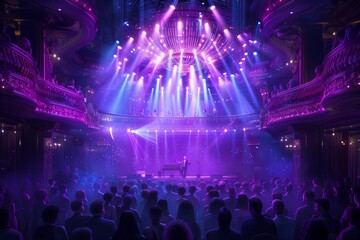 Vibrant concert scene with purple lights, engaging audience enjoying live performance in an illuminated venue.