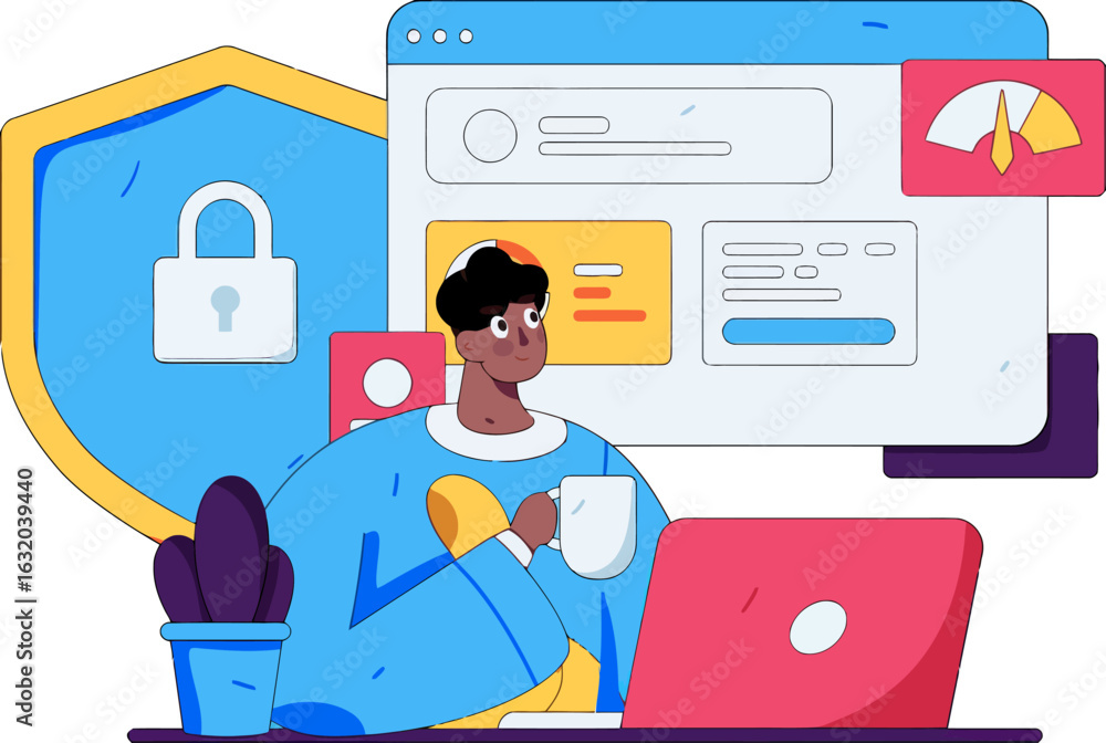 Poster secure data management portrayed with a cartoon person working on a laptop with a shield and padlock