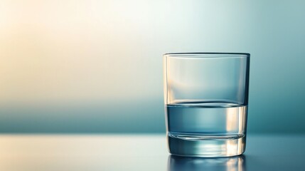A glass of water on a table with a blue background.