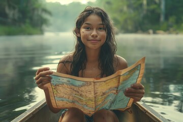 Young girl explores nature while reading a map in a serene river setting, enjoying an adventure outdoors.