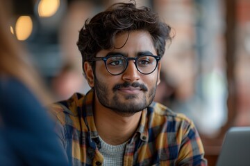 Young man with glasses smiling in a cafe setting, surrounded by soft lighting and a warm atmosphere.