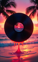 A floating vinyl record on a sunset beach paradise background