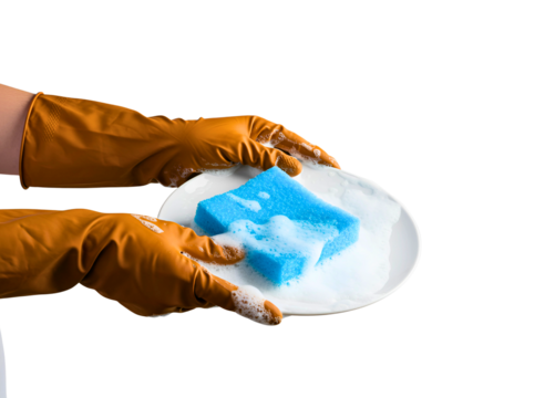 Hands in yellow gloves washing a white plate with a blue sponge isolated on transparent background - Powered by Adobe