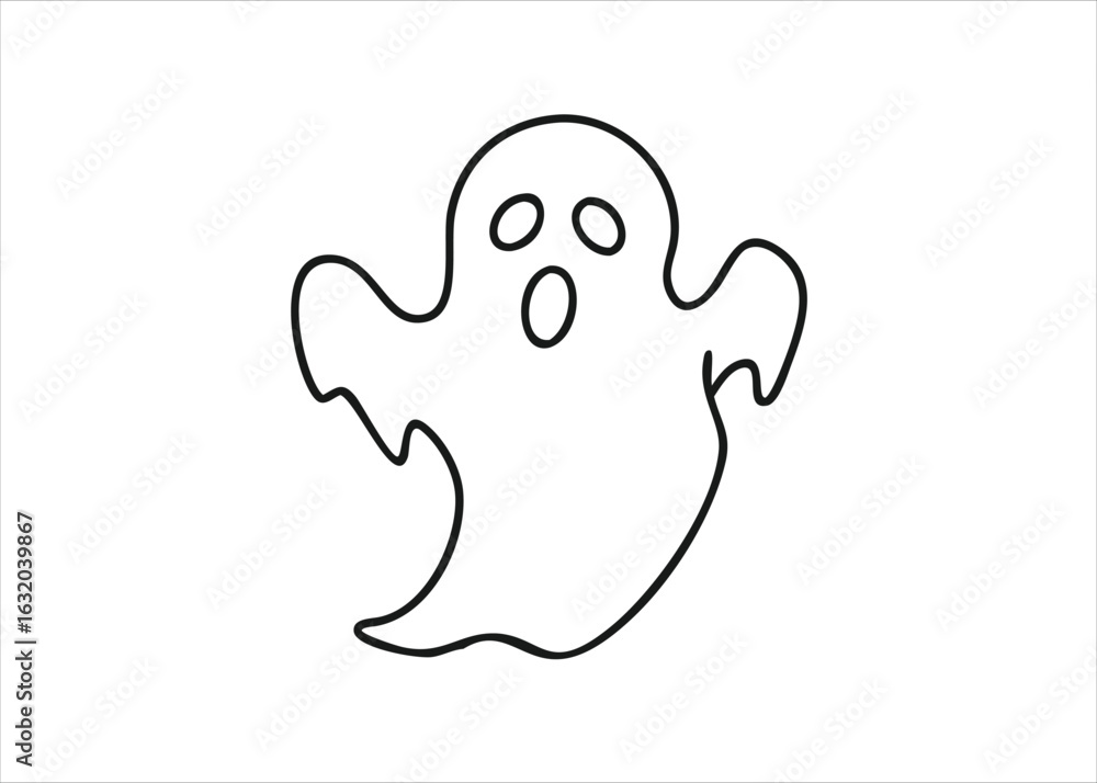 Poster a minimalist single continuous line art drawing of a friendly ghost showcasing a simple and elegant 