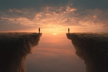 Two people standing on opposite cliffs separated by a wide abyss under dusk sky. Silhouettes confrontation with natural barrier and steep edges.
