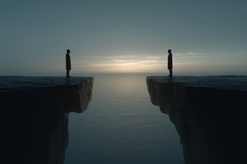 Two silhouetted figures stand on cliff edges separated by chasm, misty light fills gap symbolizing distance and connection.