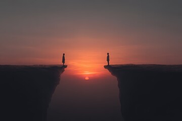 Two people standing on opposite cliffs separated by a wide abyss under dusk sky. Silhouettes confrontation with natural barrier and steep edges.