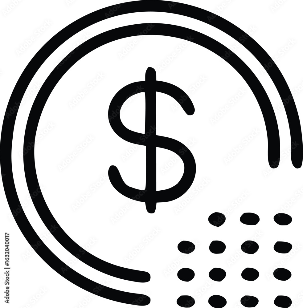 Poster hand drawn outline of a coin with a dollar sign and a grid of dots symbolizing financial transaction