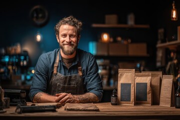 Portrait of a smiling barista in a coffee shop with coffee beans on the counter and warm lighting, creating an inviting and cozy atmosphere.