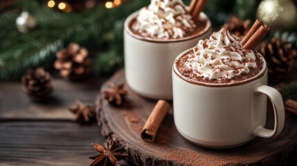 Cozy winter hot chocolate with whipped cream and cinnamon sticks, nestled among pine cones and festive holiday decorations on a rustic wooden surface