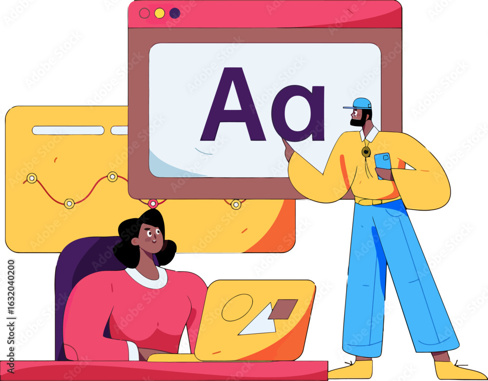 Poster engaging online learning experience with diverse instructors guiding students through interactive le