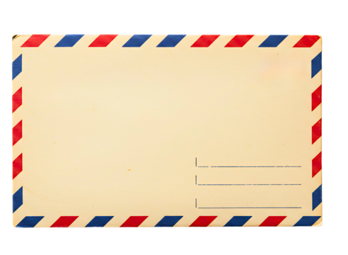 Vintage airmail envelope with red and blue stripes isolated on transparent background