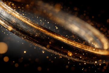Obraz premium Shimmering golden particles swirl around a luxurious dark ribbon, creating a dynamic, elegant, and celebratory abstract background.