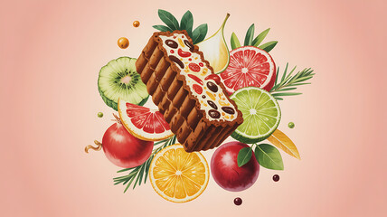 Fruitcake surrounded by fresh fruit, a vibrant display of healthy treats.
