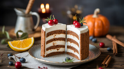 Layered pumpkin cake, sliced, with whipped cream and berries.
