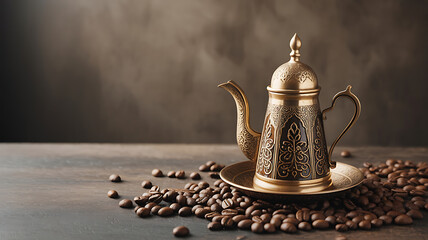 Ornate gold coffee pot, surrounded by coffee beans.
