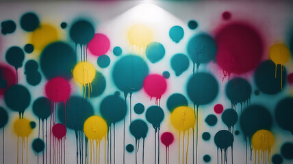 Colorful circles dripping paint on a white wall.
