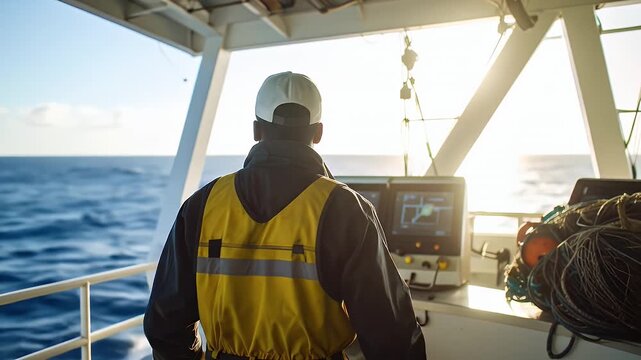 Professional boat operator at the helm of a vessel, steering through the sunlit sea with advanced sonar and navigation screens guiding the way to the fishing grounds.