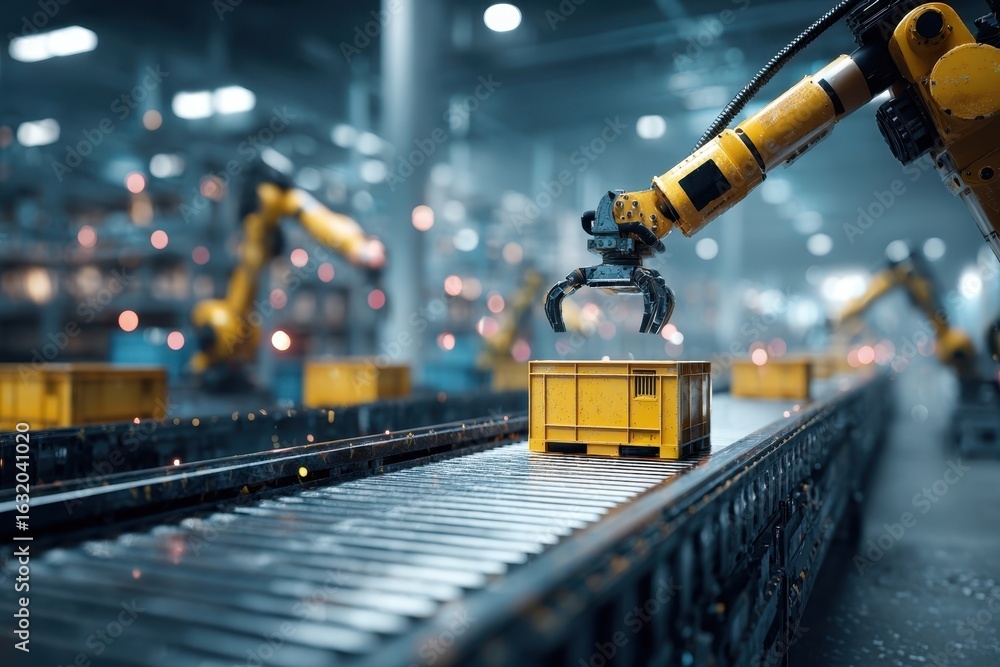 Poster automated factory assembly line featuring yellow robotic arms precisely handling a container, showca