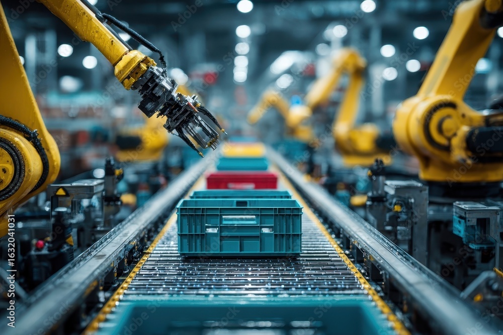 Poster industrial robotic arms working on an assembly line, meticulously handling colorful containers, show