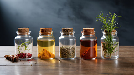 Colorful spices in glass jars, herbs and spices.
