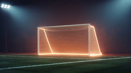 Empty soccer goal, neon-lit, stadium setting.
