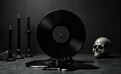 Mock-up of a floating black vinyl record, gothic ambiance