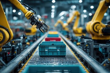 Industrial robotic arms working on an assembly line, meticulously handling colorful containers, showcasing automation and efficiency in a modern factory setting.
