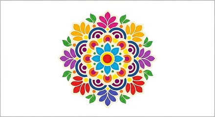 Colorful rangoli mandala with intricate floral patterns. A vibrant circular design for festive celebration and cultural art decoration.
