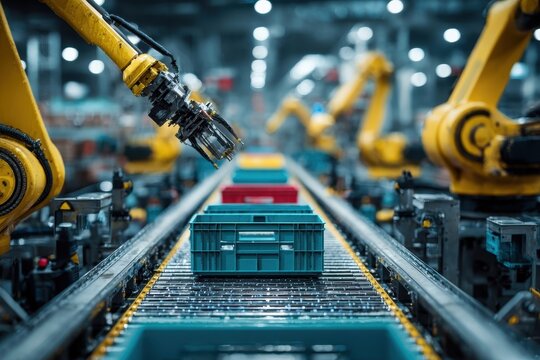 Industrial robotic arms working on an assembly line, meticulously handling colorful containers, showcasing automation and efficiency in a modern factory setting.