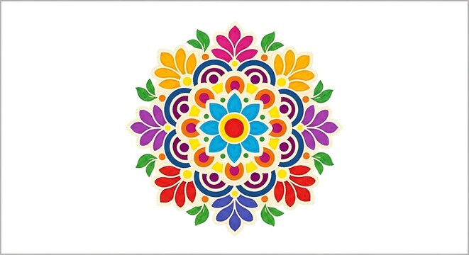 Colorful rangoli mandala with intricate floral patterns. A vibrant circular design for festive celebration and cultural art decoration.