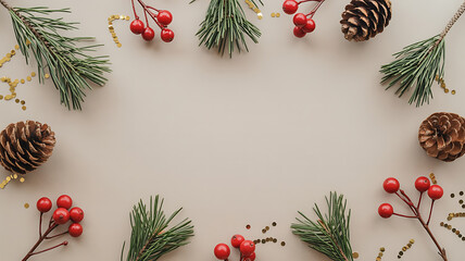Christmas decorations arranged in a frame on a beige background.
