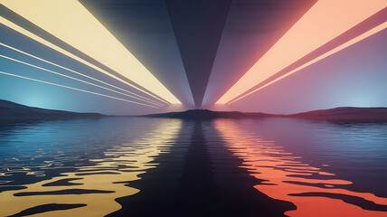 Vibrant, colorful rays radiate from a calm lake. A digital, surreal landscape.
