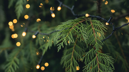 Green boughs adorned with warm holiday lights.
