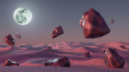 Floating rocks in a pink desert under a full moon.
