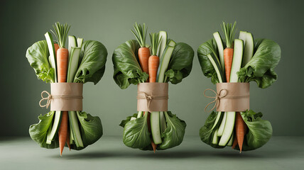 Three vegetable bundles, tied with brown twine, float in mid-air.
