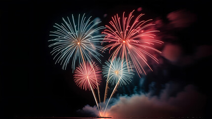 Colorful fireworks burst in the night sky.
