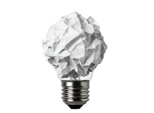 Crumpled paper light bulb representing a new idea isolated on transparent background